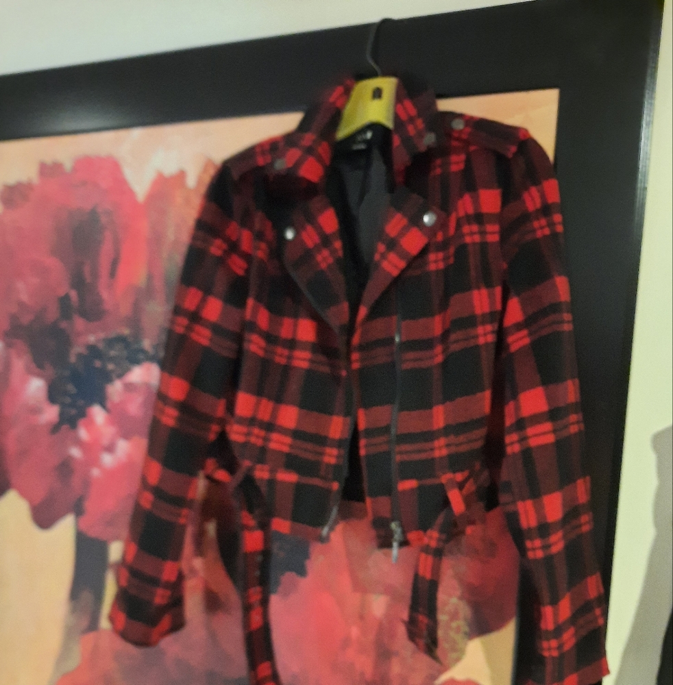 NWT SEXY RED & BLACK PLAID JACKET SIZE MEDIUM & Hallmark Gift Bag